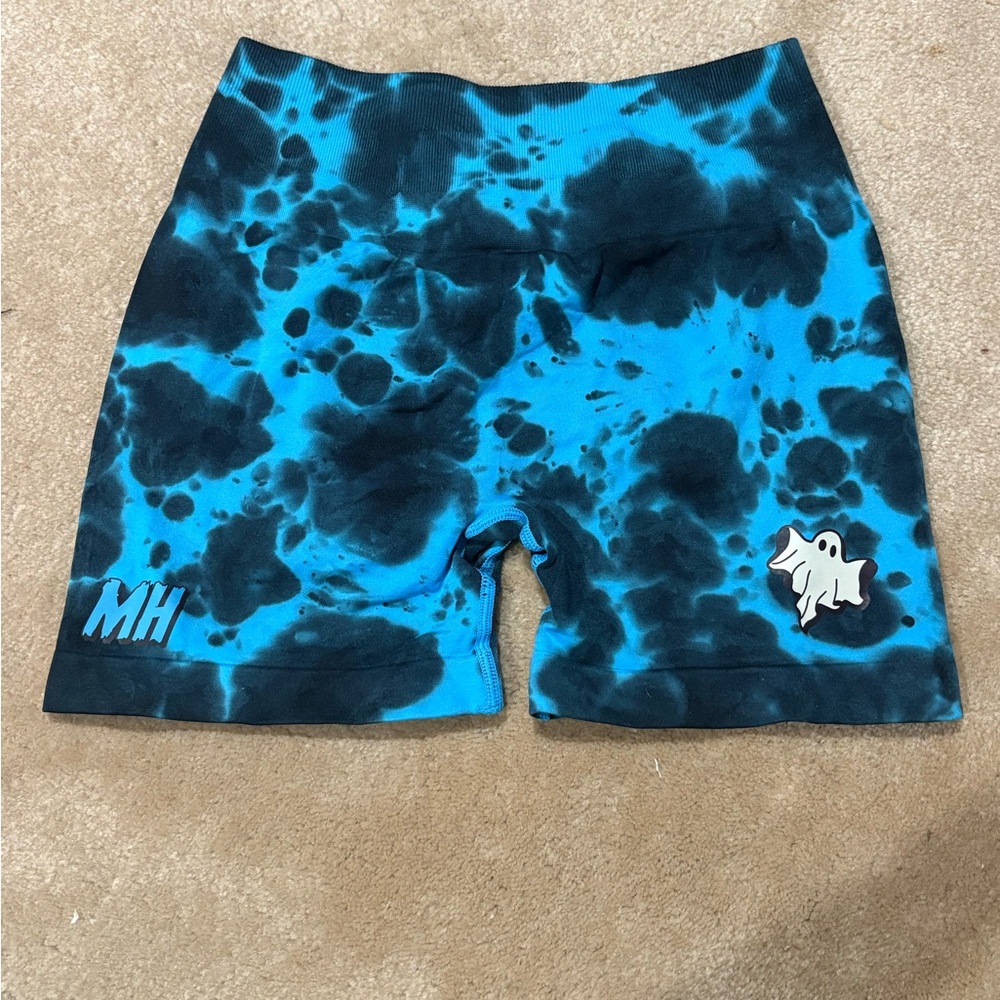 Blue and Black Tie-Dye Shorts with Ghost Details